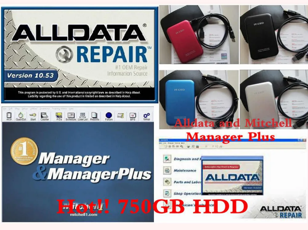  Coche caliente Software de reparación 750 GB HDD incluyendo Alldata y Mitchell Alldata 1053 versión