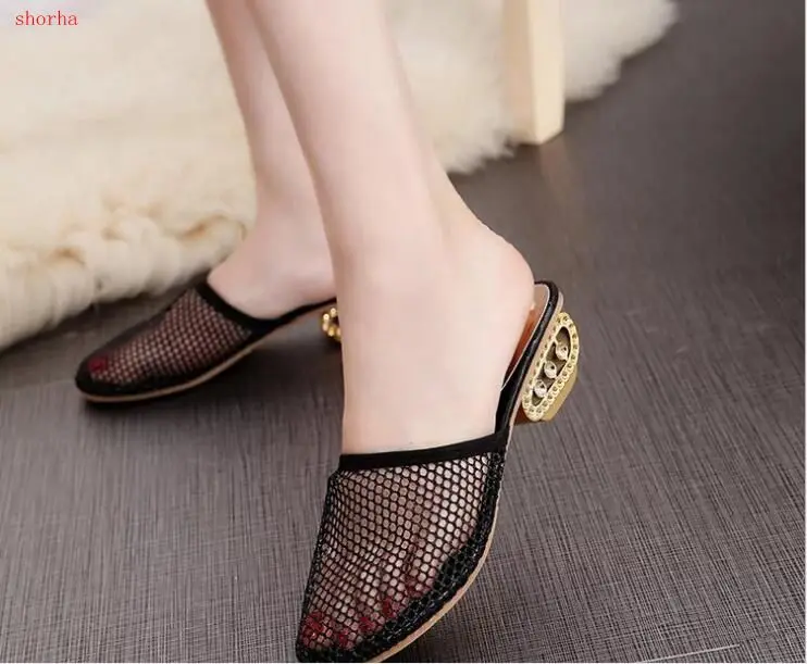 

2019 new Mesh women's shoes elegant crystals chunky Heels Summer women's Shoes Woman Sandals leisure slippers