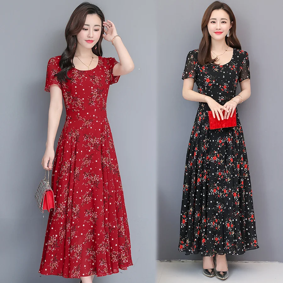 

2019 Korean Vintage 3XL Plus Size Boho Midi Sundress Summer Floral Chiffon Beach Maxi Dress Elegant Women Bodycon Party Vestidos