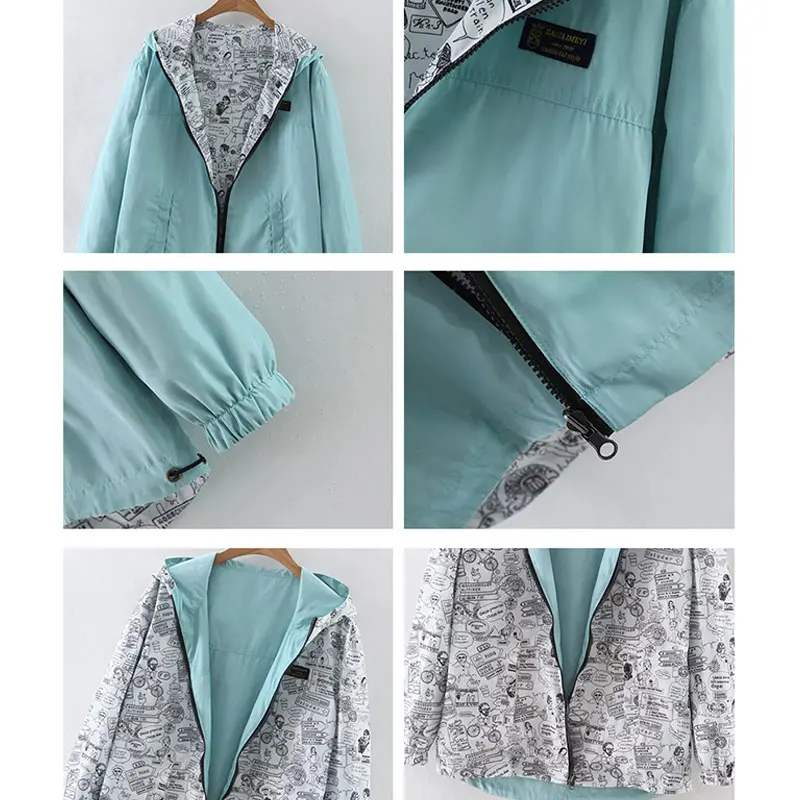 2017 Female Jacket Women Bomber Basic Jacket Autumn Two Side Wear Coat Cartoon Print Pocket Zipper Hooded Outwear Loose A067