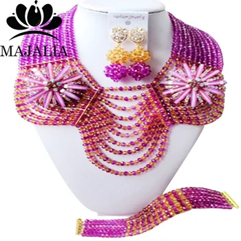 

Trendy Nigeria Wedding Purple african beads jewelry set crystal necklace bracelet earrings Free shipping Majalia-093