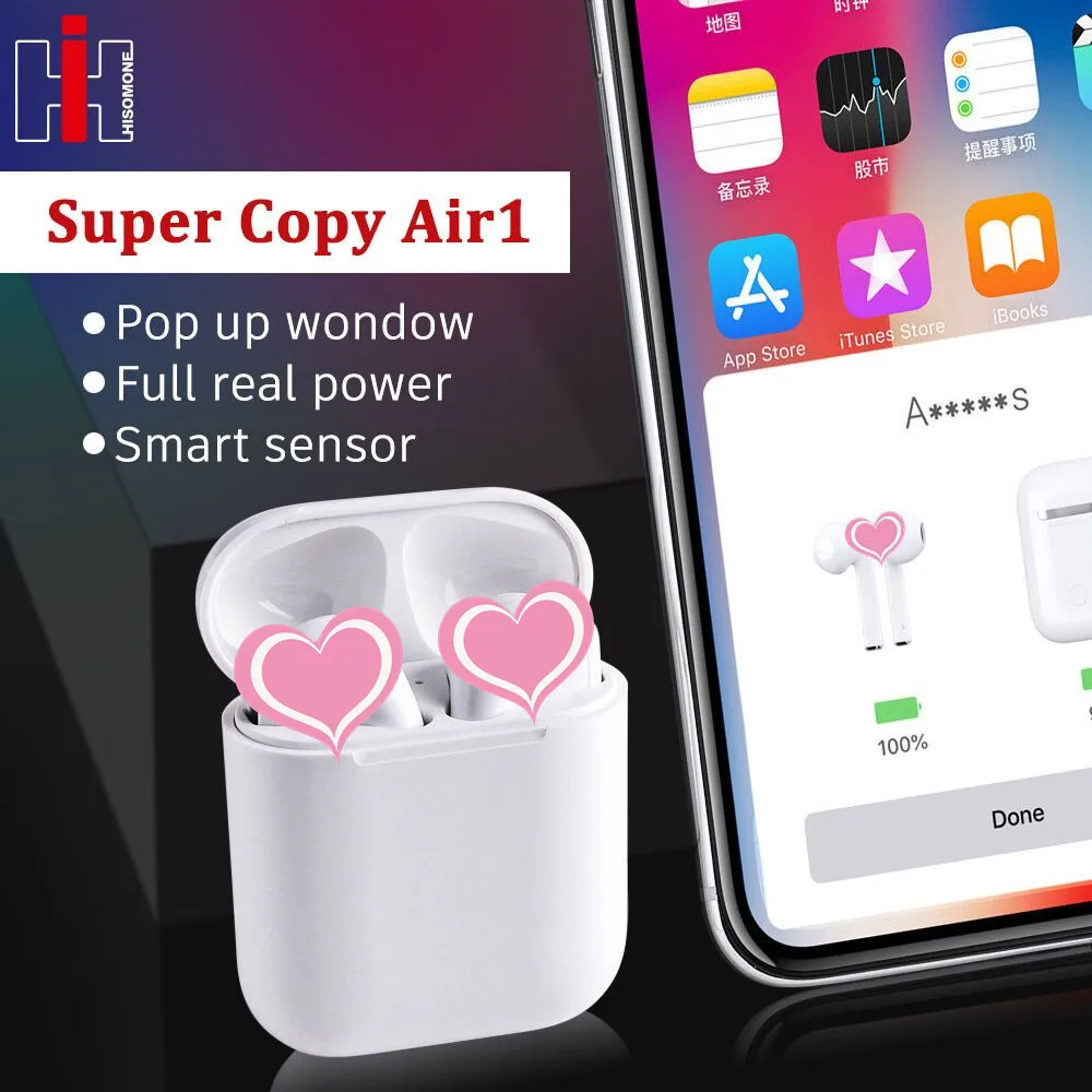 

Super Copy Air 1 Wireless Headphones 1:1 Replica Smart Sensor Pop up Real Power Call Siri Bluetooth Headset PK i100 i60 i30 tws