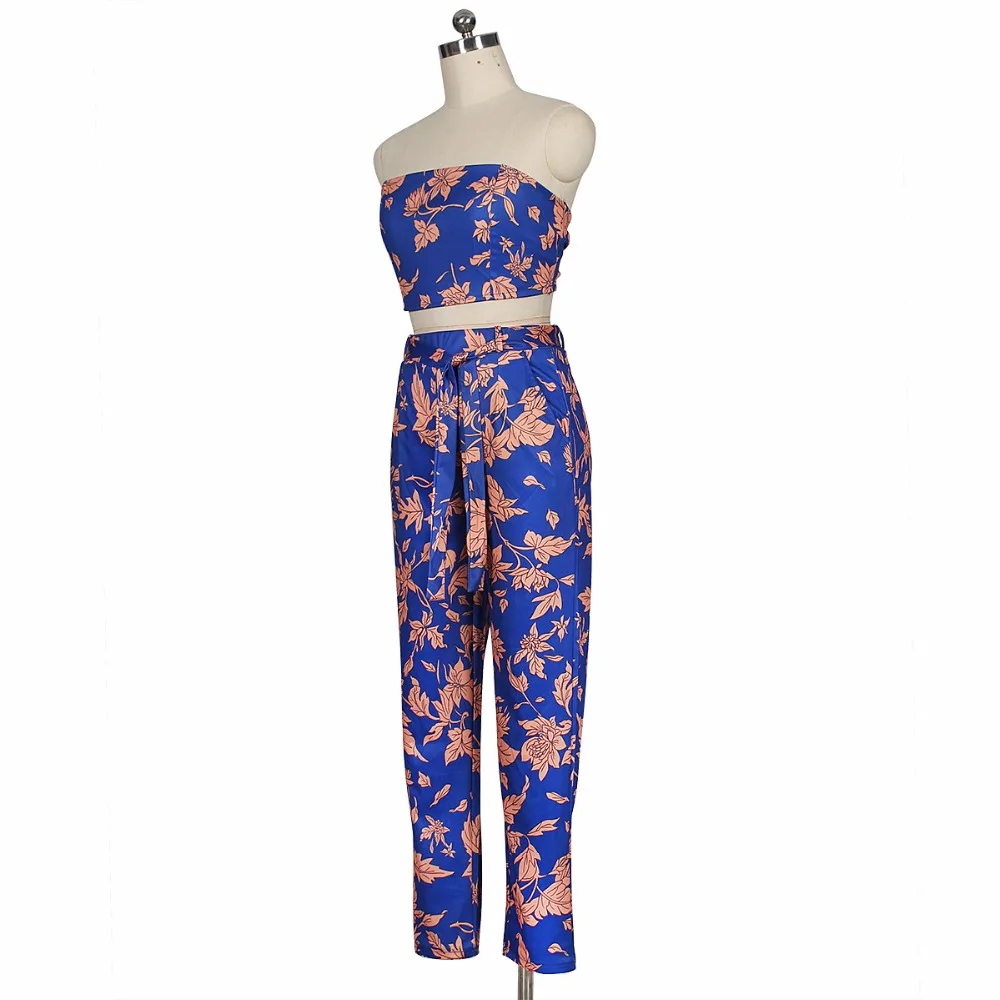 Newest Printed Two Piece Set Sexy Women Strapless Back Bandage Crop Top&High Waist Lace-up Long Pants 2 Piece Set Summer 2 color Women's Sets