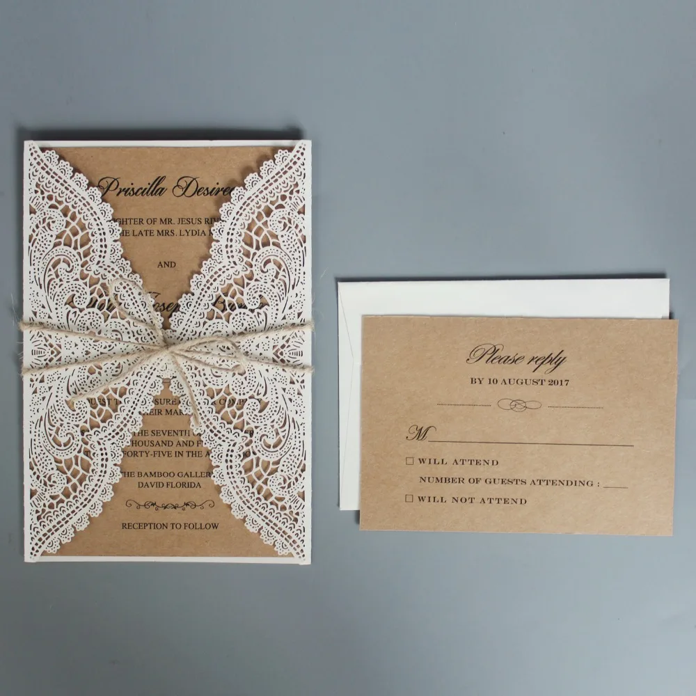 Rustic Wedding Invitations Suite Kraft Paper Invitation Cards Lace Wedding Invite With Envelope - S - 32904787350