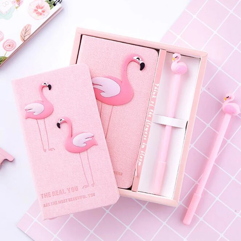 

Pink Girl Series Flamingo Hand Book Set Cute Simple Notebook Stationery Thicken Notepad Birthday With Flamingo Gel Pen