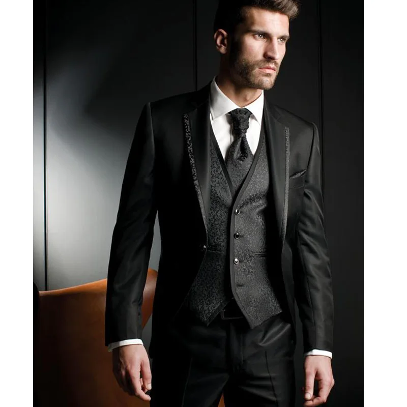 Black Harringbone Wedding Men Suits Three Piece Custom