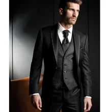 Black Harringbone Wedding Men Suits Three Piece Custom Groom Tuxedos for Evening Party 2018 Jacket Pants Vest Male Blazer