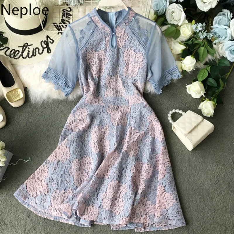 

Neploe Lace Cheongsam Changed Women Dress Summer 2019 New V-Neck Short Sleeve Vestidos Elegant Ruffles High Waist Robe 44176