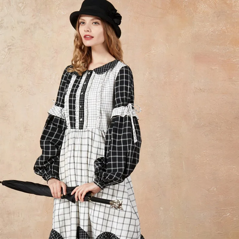 

CLEARANCE ARTKA Autumn Female Contrast Color Peter pan Collar Stitching Drawstring Vintage Plaid Empire Dress LA10776Q