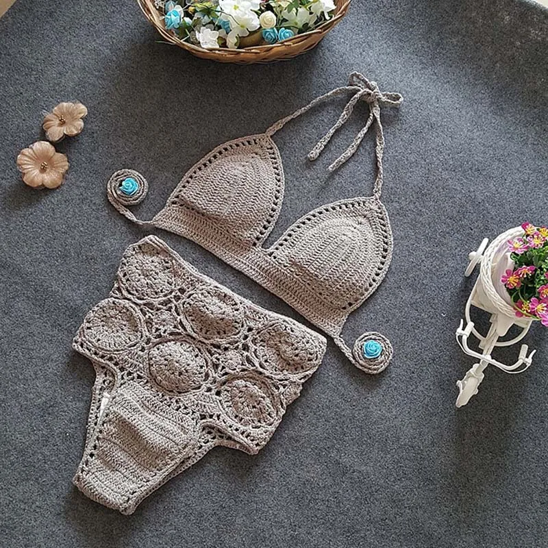 Handmade Crochet Bikini Knitting Swimsuit Hollow Sexy Knitted Beach Women Swimwear High Waist Triangle Secret  (6)