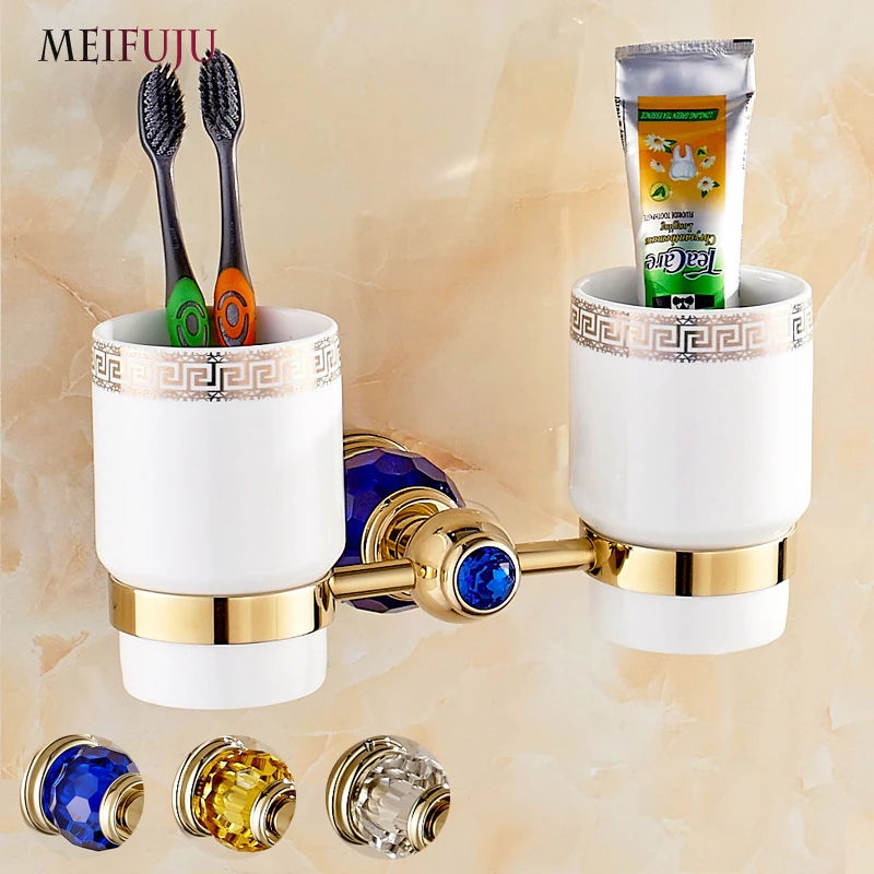 Us 28 51 38 Off Luxury Bathroom Cup Holder Toothbrush Tumbler Holder Golden Toothbrush Tumbler Holder Wall Mount Bath Product Ceramic Cup In Cup