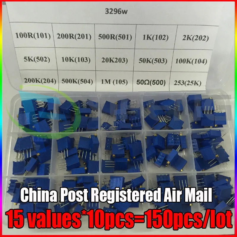 

150Pcs/Lot 3296W (50R - 2M) 15 values Multiturn Trimmer Potentiometer Kit High Precision 3296 Variable Resistor With Free Box