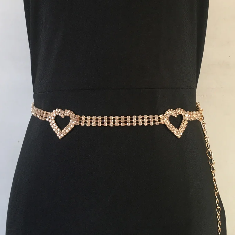 New Fashion Ladies Gold Belt Chain Double Heart Rhinestone Body Jewelry Belts Belly Chains ...