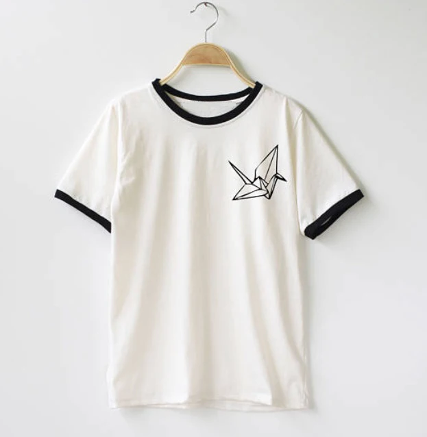 Графический птица рубашка оригами рубашка Бумага краны карман принт Для женщин футболка Повседневное хлопковая забавная Футболка для