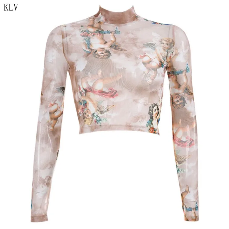 

Women Spring Long Sleeves Bodycon Crop Top Mock Neck Romantic Colored Angel Cupid Floral Printing T-ShirtSee Through Mesh Party