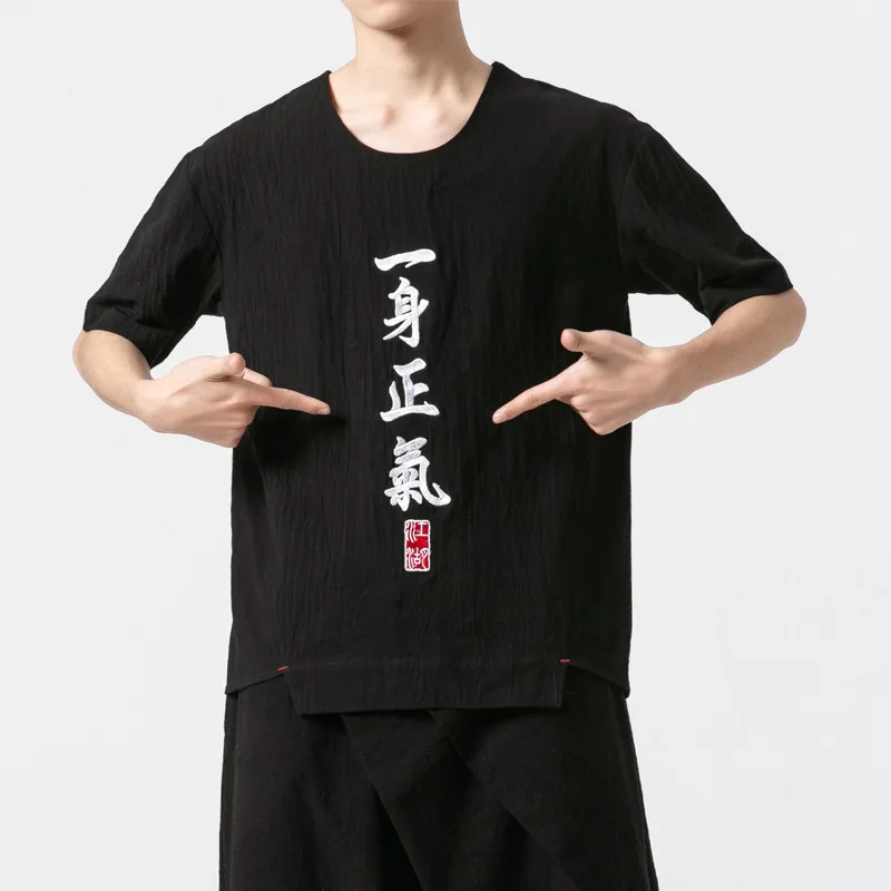 

2019 summer Chinese style cotton and linen men's casual short-sleeved T-shirt retro large size linen embroidery T-shirt male YIS