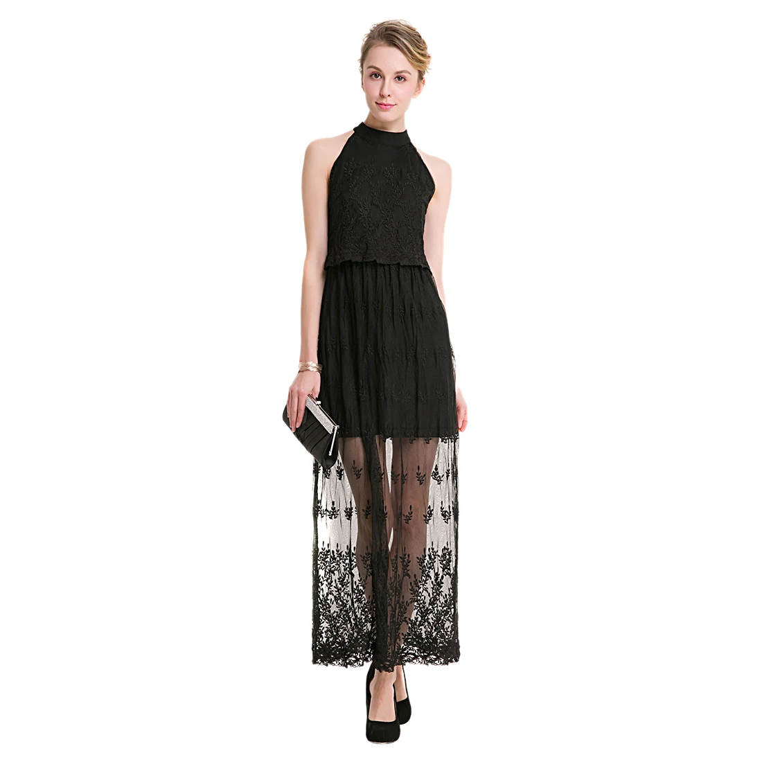 TFGS Original Design Women Fashion Elegant Lace Office Lady Dress Summer Sleeveless Halter Neck Vintage Long