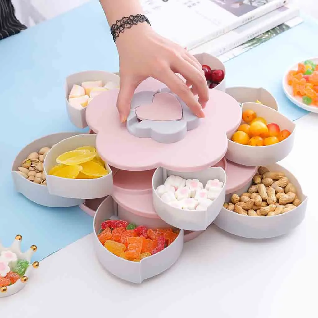 Petal-Shape Rotating Snack Box Candy Plates Double-deck Tray Food Storage Box Wedding Bloom Flower Design Jewelry Organizer