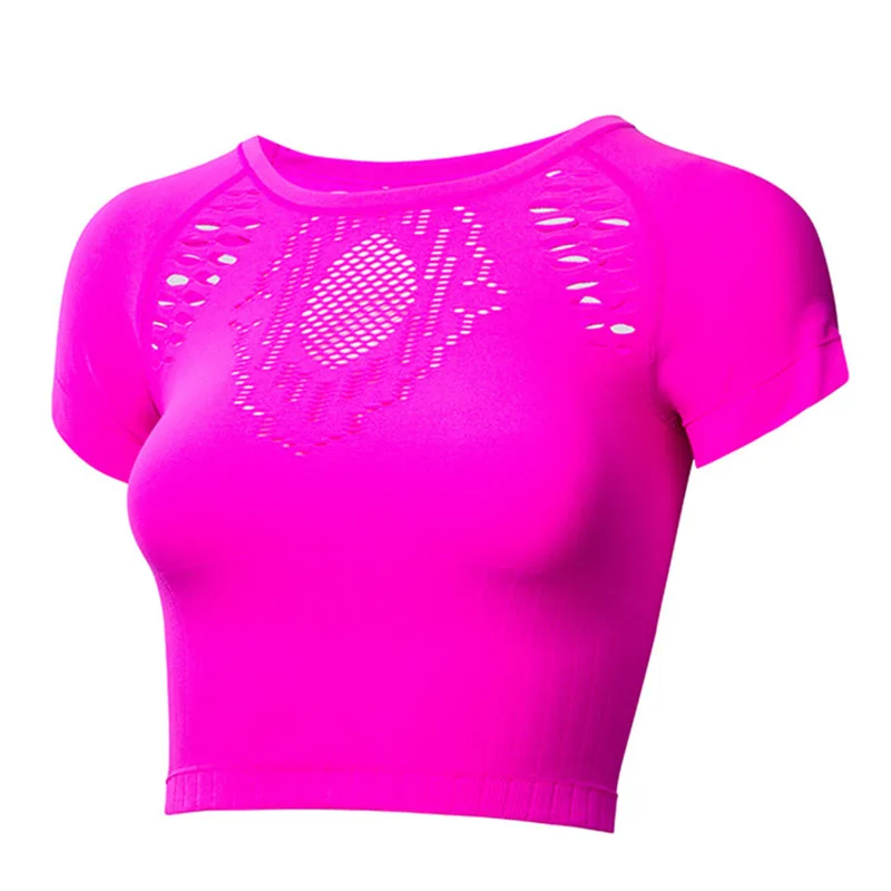 pink Белые женские рубашки для иоги Спорт Crop футболки выдалбливают фитнес-одежда для бега женские шорты Для женщин спортивные топы Training футболки - Цвет: pink