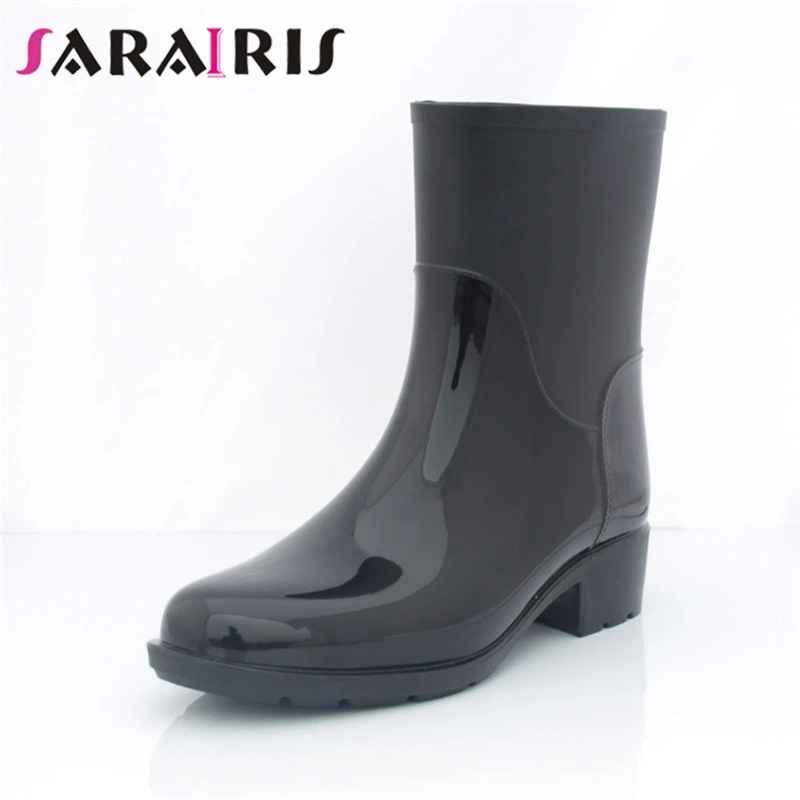 

SARAIRIS New Hot Sale Rain Boots Wide Low Heels Round Toe Shoes Woman Casual Autumn Winter Spring Mid Calf Boots Black