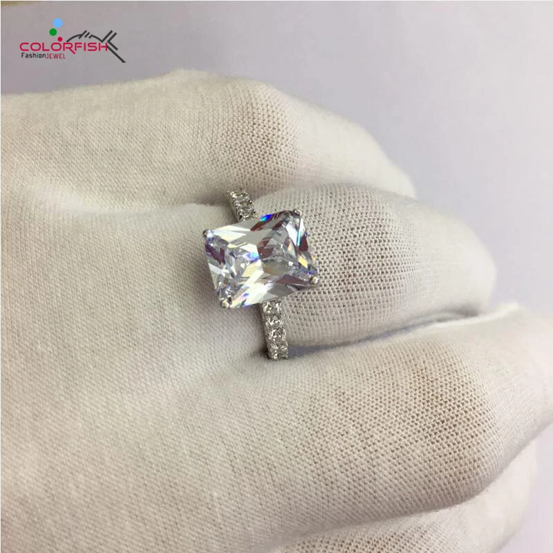 

COLORFISH Luxury 3 Ct Rectangle Genuine 925 Sterling Silver Rings For Women Synthetic SONA Solitaire Engagement Wedding Bands