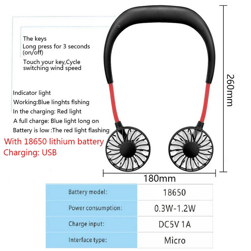 1 шт. портативный USB вентилятор без рук шейный висящий с аккумулятором 1200ма