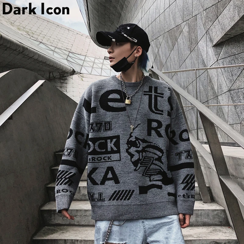 

Dark Icon Letter Round Neck Hip Hop Sweater Men 2019 Autumn Winter Pullover Mens Sweaters Loose Sweater Men
