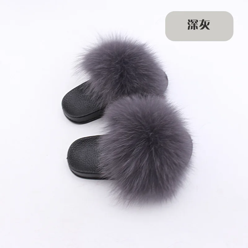 Wholesale Real Fox Slippers Kids Rainbow Neon Color Toldder Fur Child Home Slides Girls Raccoon Super Fluffy Cute Flat Summer