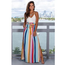 Женские радужные полосатые юбки со шнуровкой Jupe falda, модные юбки с разрезом, Повседневная пляжная юбка