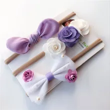 3pc baby girl boy spandex nylon rabbit ear headband children skinny stretchy Non-Marking Flower Bowknot elastic hair Band