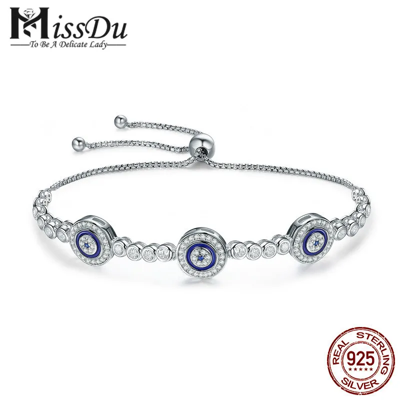 

MissDu New Arrival Genuine 925 Sterling Silver Luxury Round Blue Eyes Clear Cubic Zircon Crystal Tennis Bracelet Jewelry SCB002
