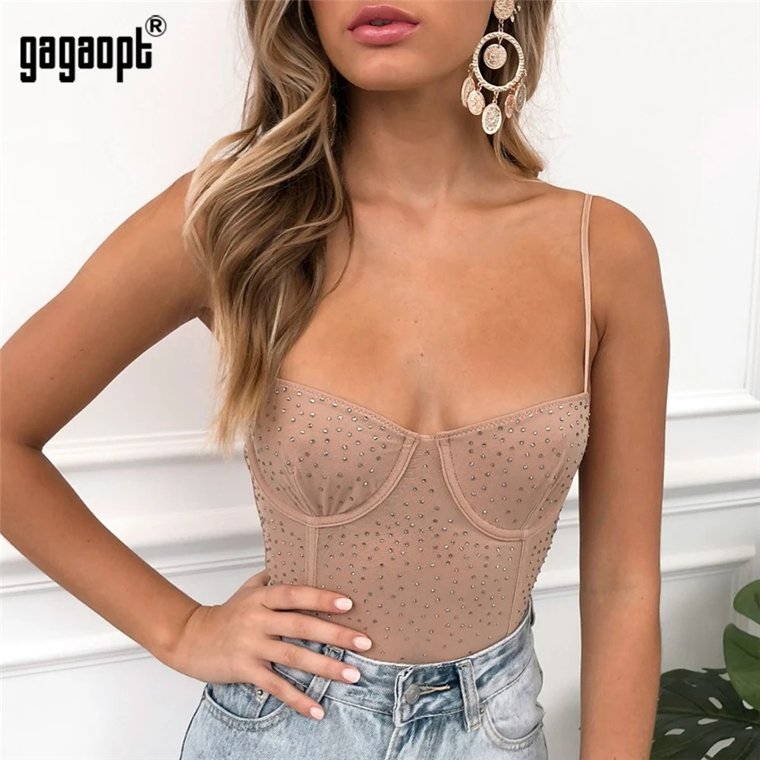 short sleeve bodysuit Gagaopt Lace Bodysuit Women Rhinestone Perspective Sexy Bodysuit Black/Khaki Mesh Bodysuit Jumpsuit Overalls Sleepwear plus size bodysuit