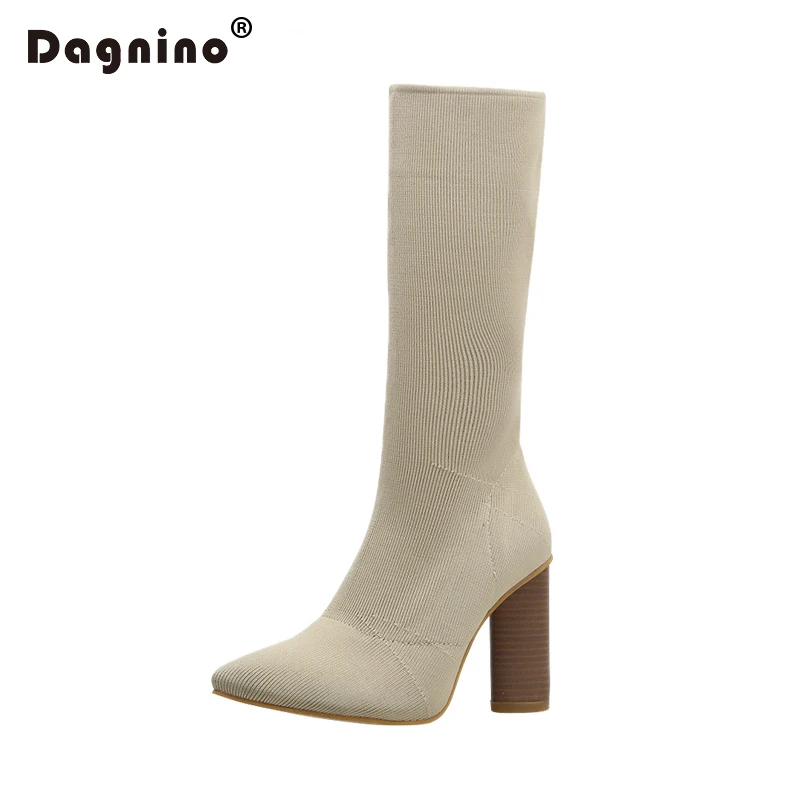 

DAGNINO Ankle Elastic Sock Boots Chunky High Heels Stretch Women Spring Sexy Booties With Pointed Toe Chelsea Boots Pumps Shoes