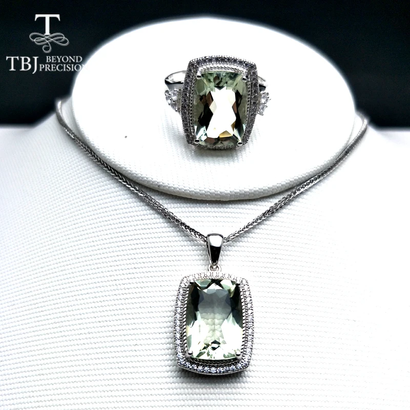 TBJ, большая подушка, 12ct, натуральный зеленый аметист, кварц, драгоценный камень, ювелирный набор, подвеска, кольцо, серебро 925 пробы, классический подарок для женщин