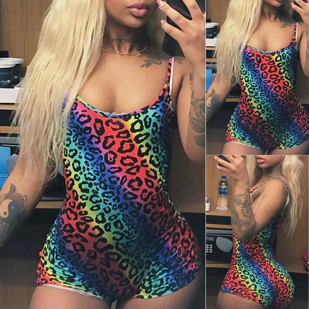 

Women Sleeveless Bandage Bodysuit Leopard Tops Blouse Summer Sexy Ladies Beach Swimwear Jumpsuit Rompers New