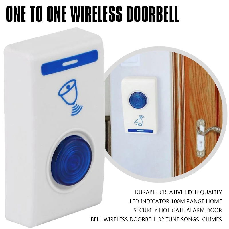 

Durable Creative High Quality LED Indicator 100M Range Home Security Hot Gate Alarm Door Bell Wireless Doorbell 32 Tune Songs