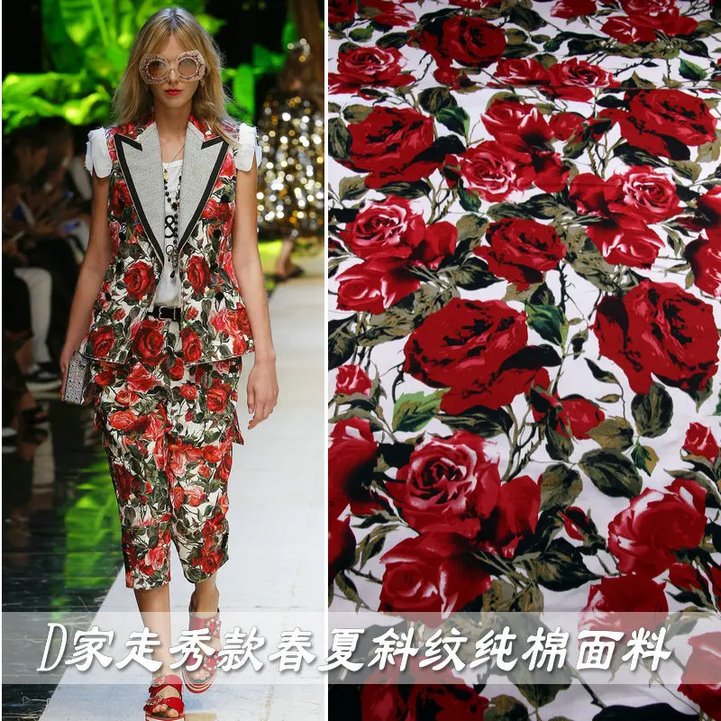 

DG spring and summer new hot red rose printed cotton fabric all cotton handmade diy dress parent-mounted fabric