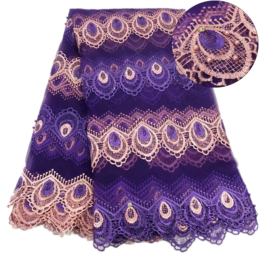 

Purple New Fashionable Heavy Beaded Stones African French Lace Fabric With Flowers on Tulle Embroidery Bridal Dress Lace Fabric