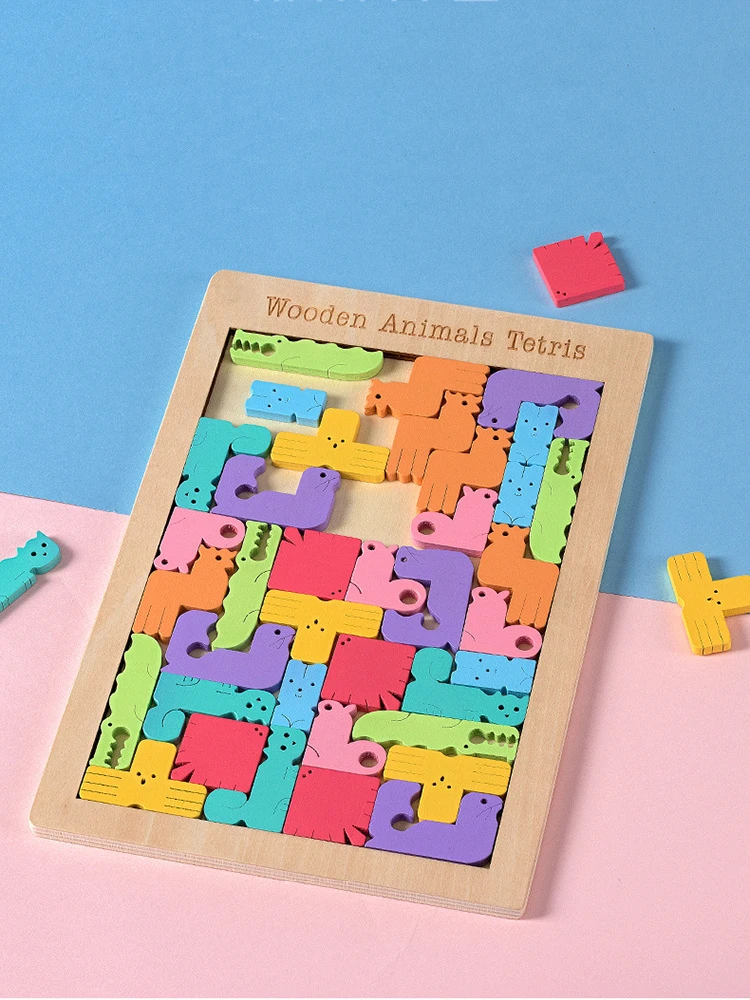 Tetris красочные деревянные пазлы для детей, развивающие игры для детей, животные, деревянные игрушки Монтессори, русский