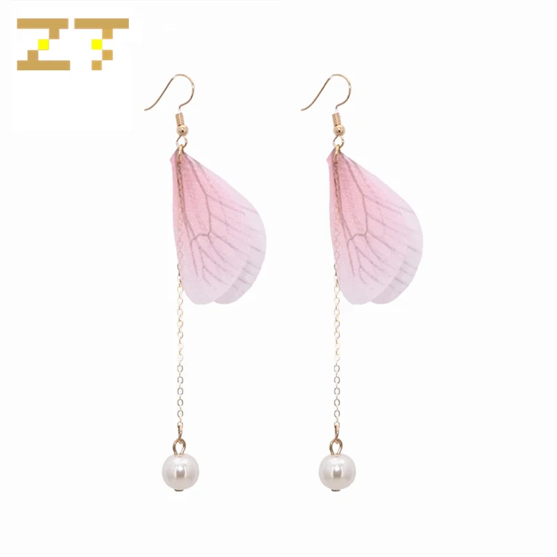 

Fashion Statement Metal Chain Long Tassel Earrings Pink Butterfly Wing Simulated Pearl Dangle Drop Earrings for Women Jewelry