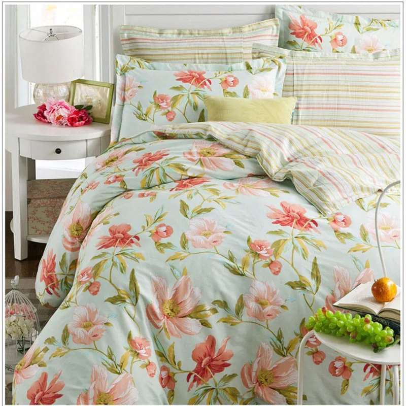 100 Cotton Bedding Set Chic Floral Bed Linen 4pc Duvet Cover+Bed Sheet