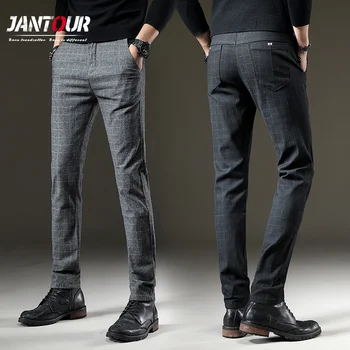 

jantour Brand Autumn Winter thick Pants Men Casual Elastic Long Trousers Male Cotton lattice straight Work Pant men&#39s Large s