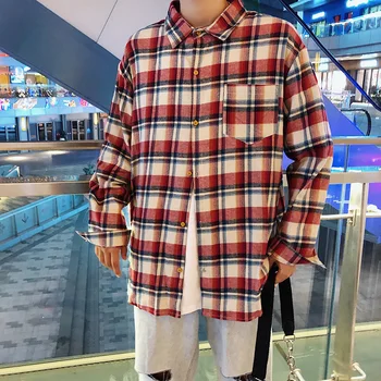 

2018 Korean Early Autumn Newest Men's Fashion Simple Lattice Pattern Lapel Cotton Loose Casual 3 Color Long Sleeve Shirts M-5XL