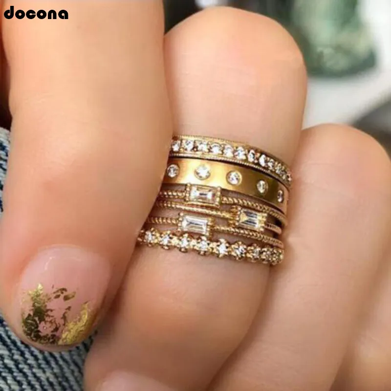 

docona Vintage Gold Color Crystal Carving Knuckle Midi Ring Set for Women Geometric Rings Set Wedding Jewelry Anillos 7065
