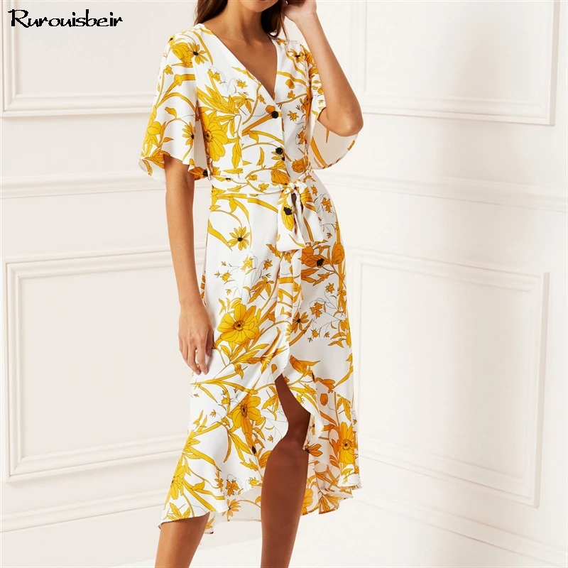 

Floral Print Beach Dress 2019 Summer Women Boho Short Sleeve Ruffle Long Dress Casual Sundress Elegant Ladies Party Sashes Dress