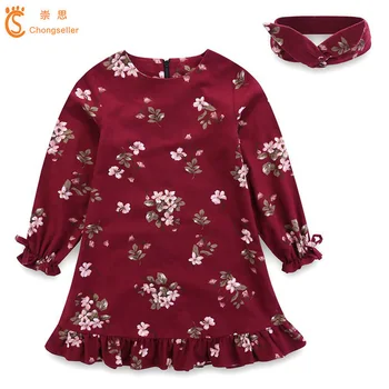 

High Quality Spring Girls Dresses With Card Issuers Solid Cotton Long Sleeve A-Line Infant Printed Kids Casual Clothes 2-12Y