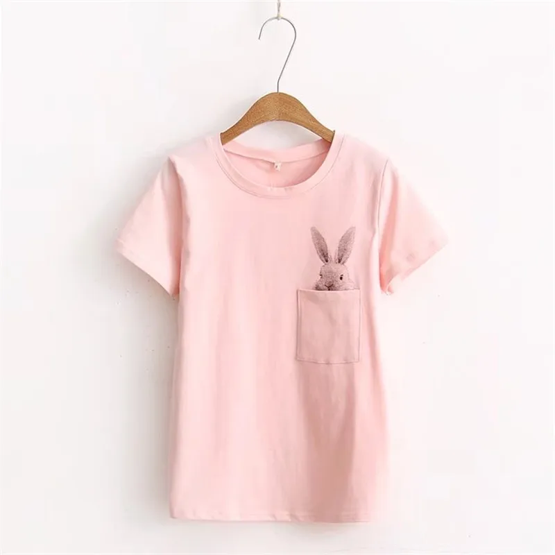 LUNDUNSHIJIA, летняя футболка для женщин, женский топ, Хлопковая женская футболка, одежда с принтом в виде кролика, топ, милые футболки для женщин - Цвет: Розовый