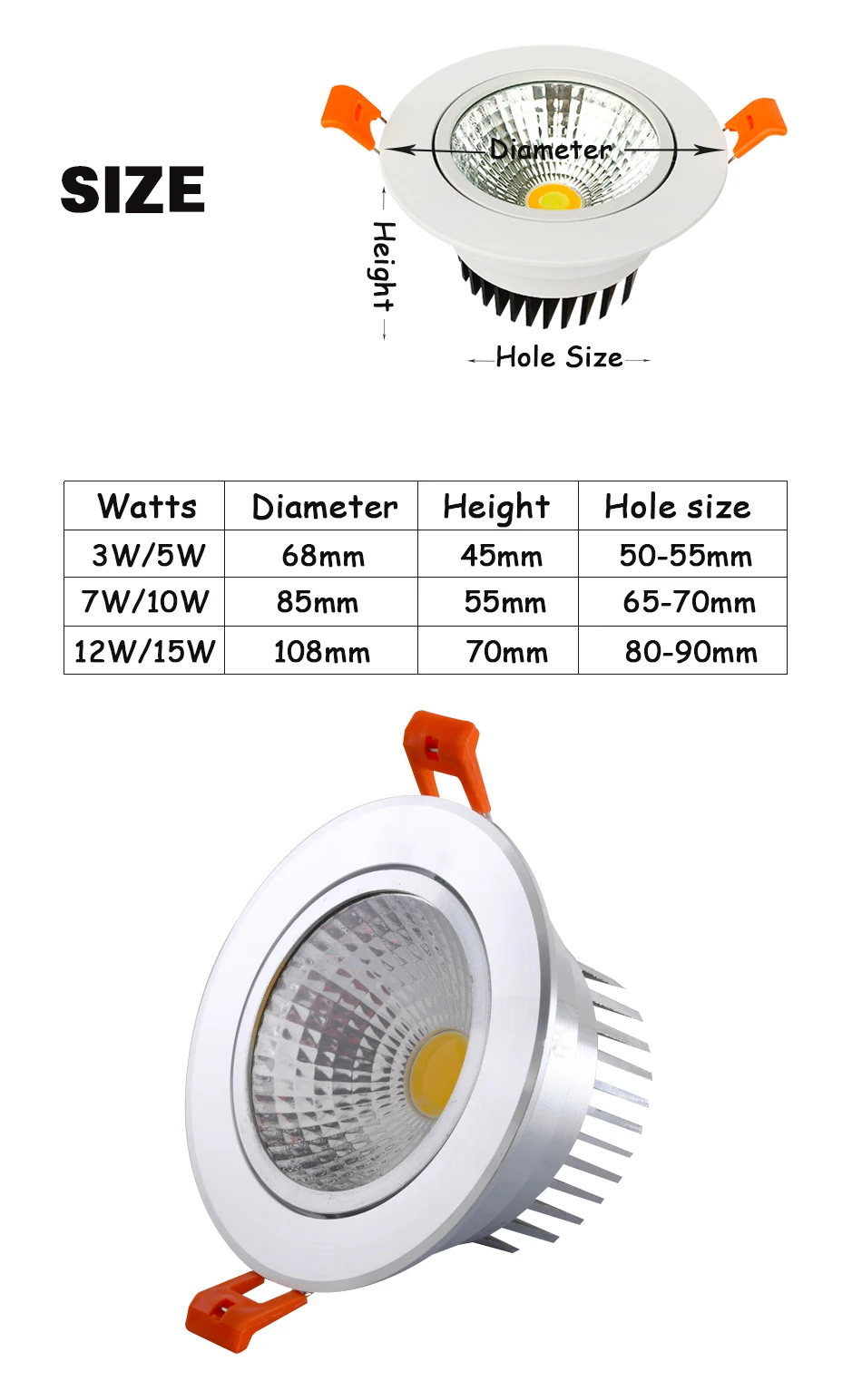 Светодио дный светильник Сменные удара потолка прожектор 3 Вт 5 Вт 7 Вт 10 Вт 12 Вт 15 Вт 85-265 В потолочные встраиваемые Освещение в помещении