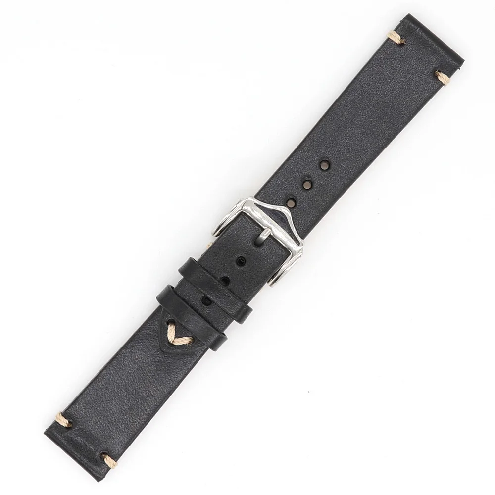 

Wholesale 20 22mm Black Handmade Stitches Cowhide Leather Watchband Strap Band With Silver Pin Buckle