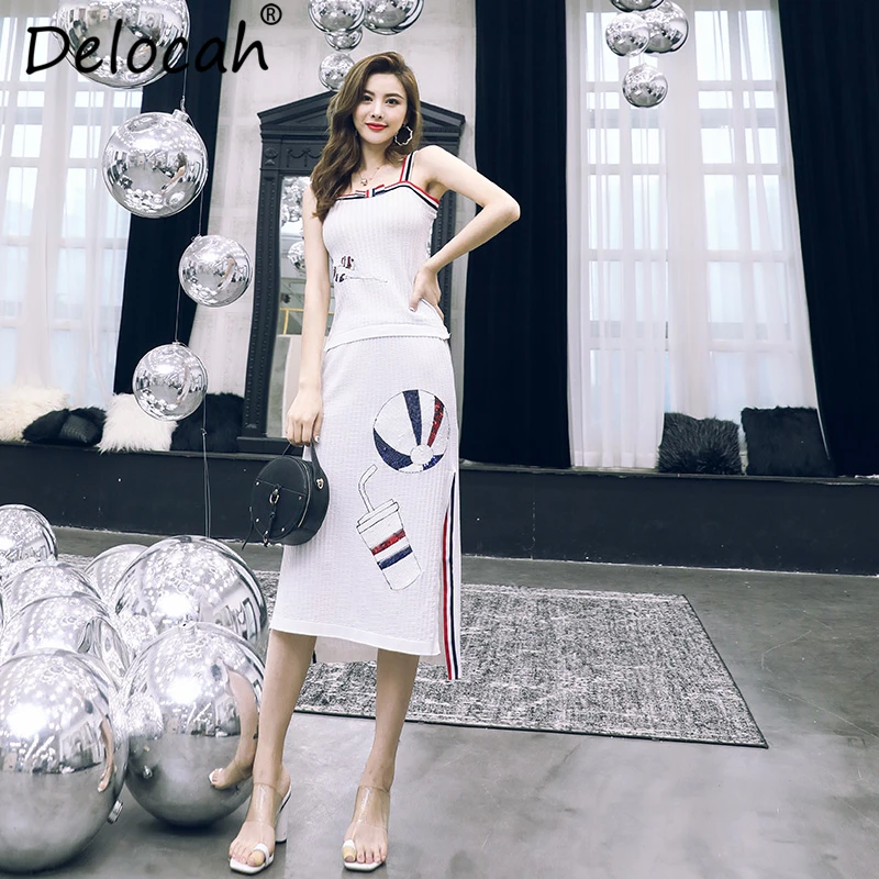 Delocah Vrouwen Zomer Vintage Gebreide Pakken Runway Fashion Spaghetti Strap Bow Tops + Elegant Lovertjes Side slit Rok 2 Stuks set Delocah Vrouwen Zomer Vintage Gebreide Pakken Runway Fashion Spaghetti Strap Bow Tops + Elegant Lovertjes Side slit Rok 2 Stuks set